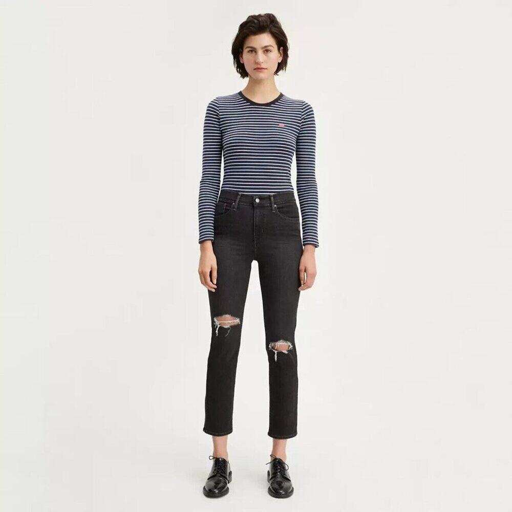 LEVI'S 724 High Rise Slim Straight Denim Jean Ripped No Dice Black